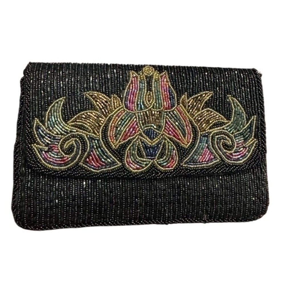 Regale LTD Black Beaded Clutch Evening Bag Floral Embellishment